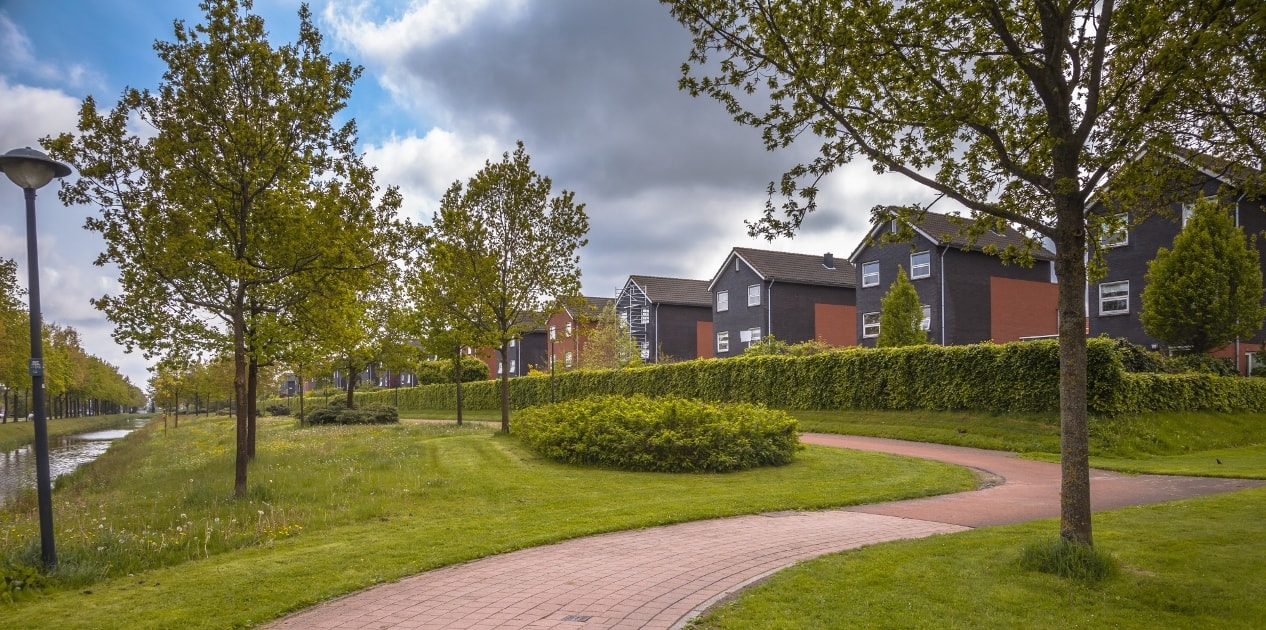 De waarde van groen in stedelijke omgeving Park in een stad met wandelpaden.