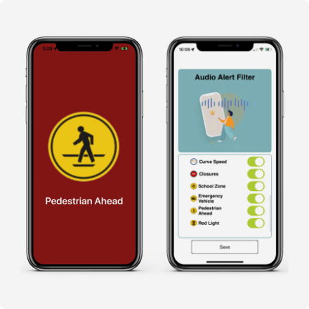 Two phones featuring the pedestrian alert app, designed to enhance safety awareness for individuals crossing streets.