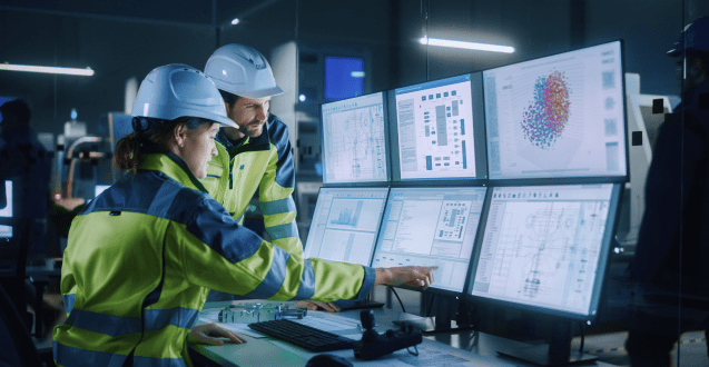 Two individuals in hard hats collaborating on computer screens, focused on their work in a water treatment facility.
