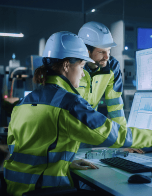 Two individuals in hard hats collaborating on computer screens, focused on their work in a water treatment facility.