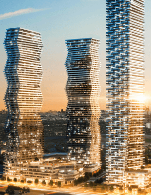 Toronto skyline rendering showcasing iconic buildings against a clear sky, highlighting the city's vibrant urban landscape.