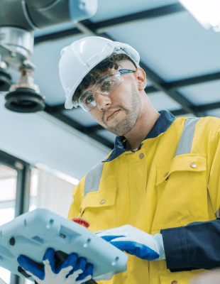 A man in a white protective suit and mask is focused on his work while using a laptop.