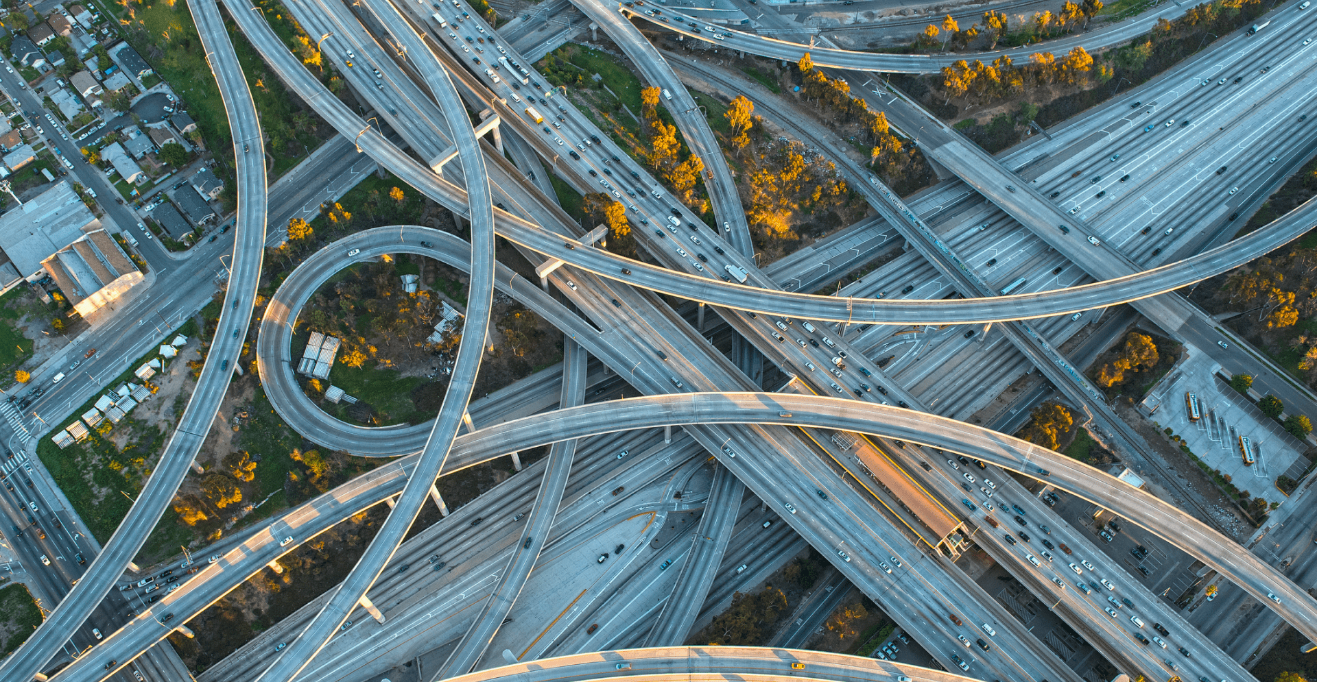 Aerial view of highway interchange in cityscape