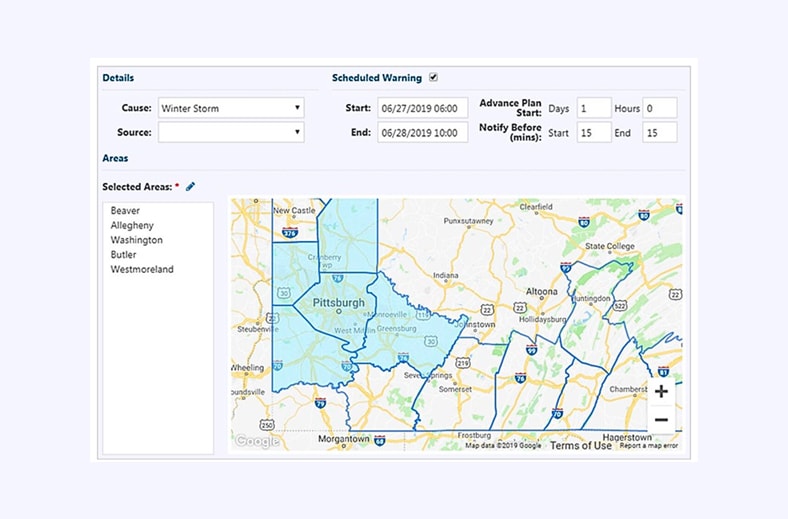 Advanced event and response management interface location map of road in Virginia.
