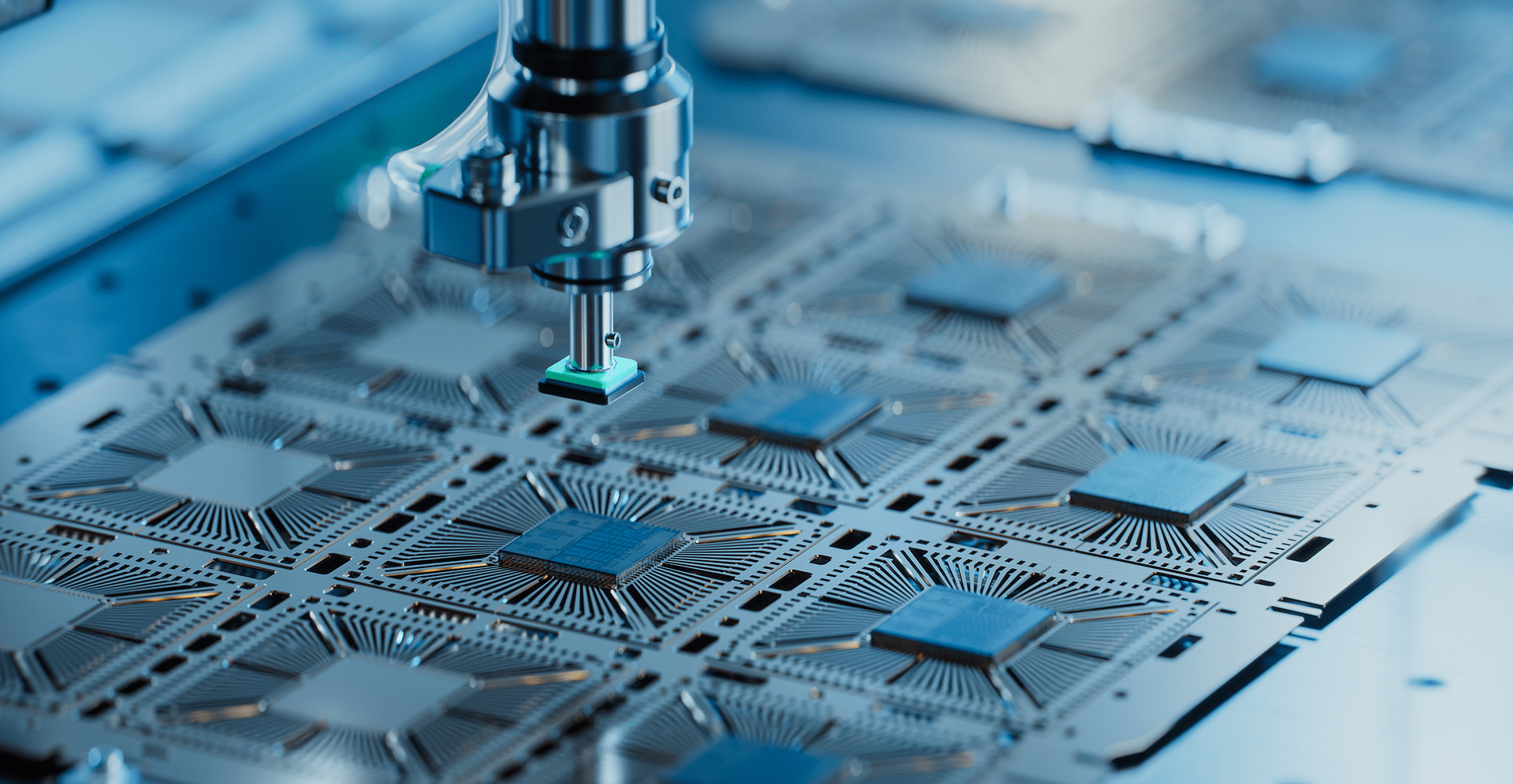 A machine operates on a circuit board, performing intricate tasks on electronic components.