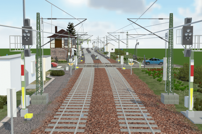 A 3D rendering of a train track, showcasing the railway infrastructure.