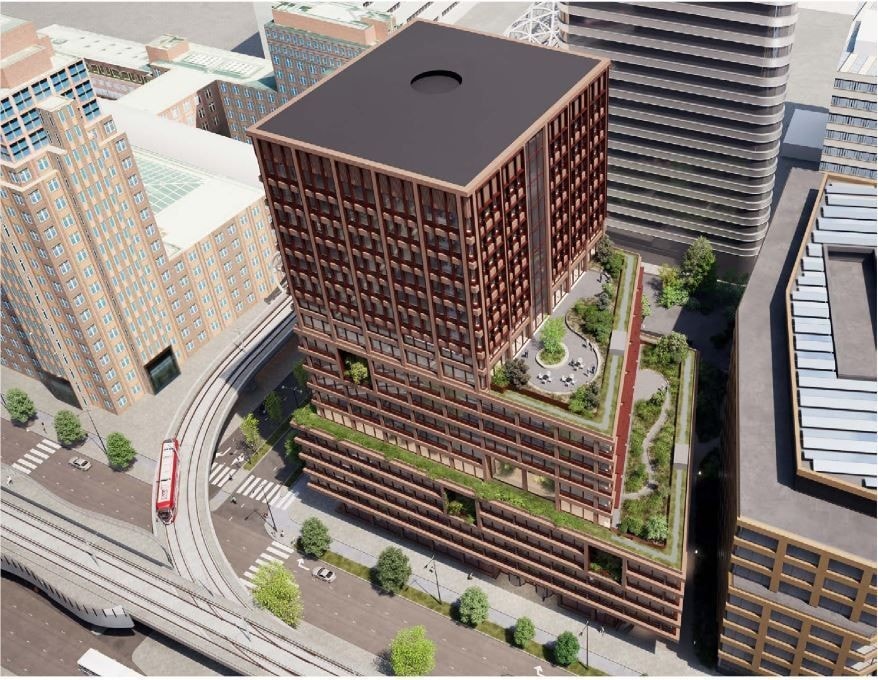 Rendering of a new building in downtown Seattle, showcasing modern architecture against a city skyline backdrop.