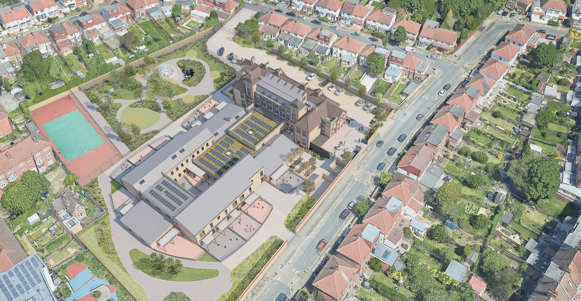 Aerial view of a residential neighborhood featuring a tennis court surrounded by houses and greenery.