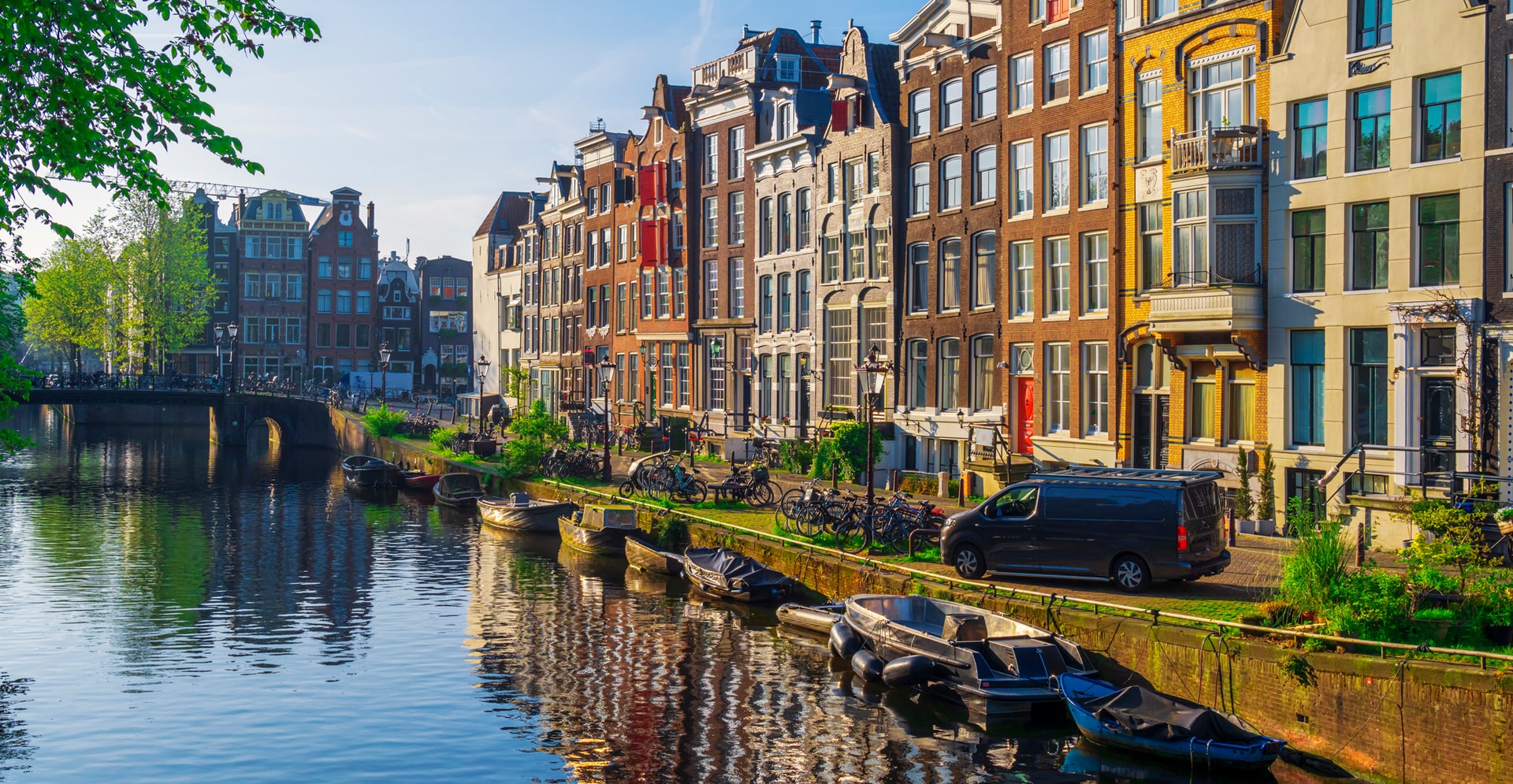 Amsterdam Downtown with Canal Houses and Boats on the Canal, Brouwersgracht