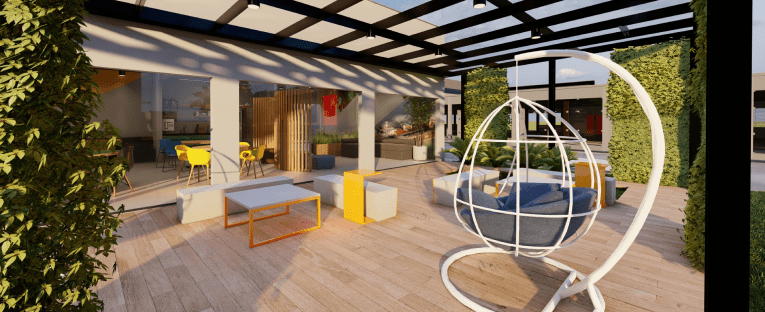A contemporary outdoor patio featuring a swing chair and a table.