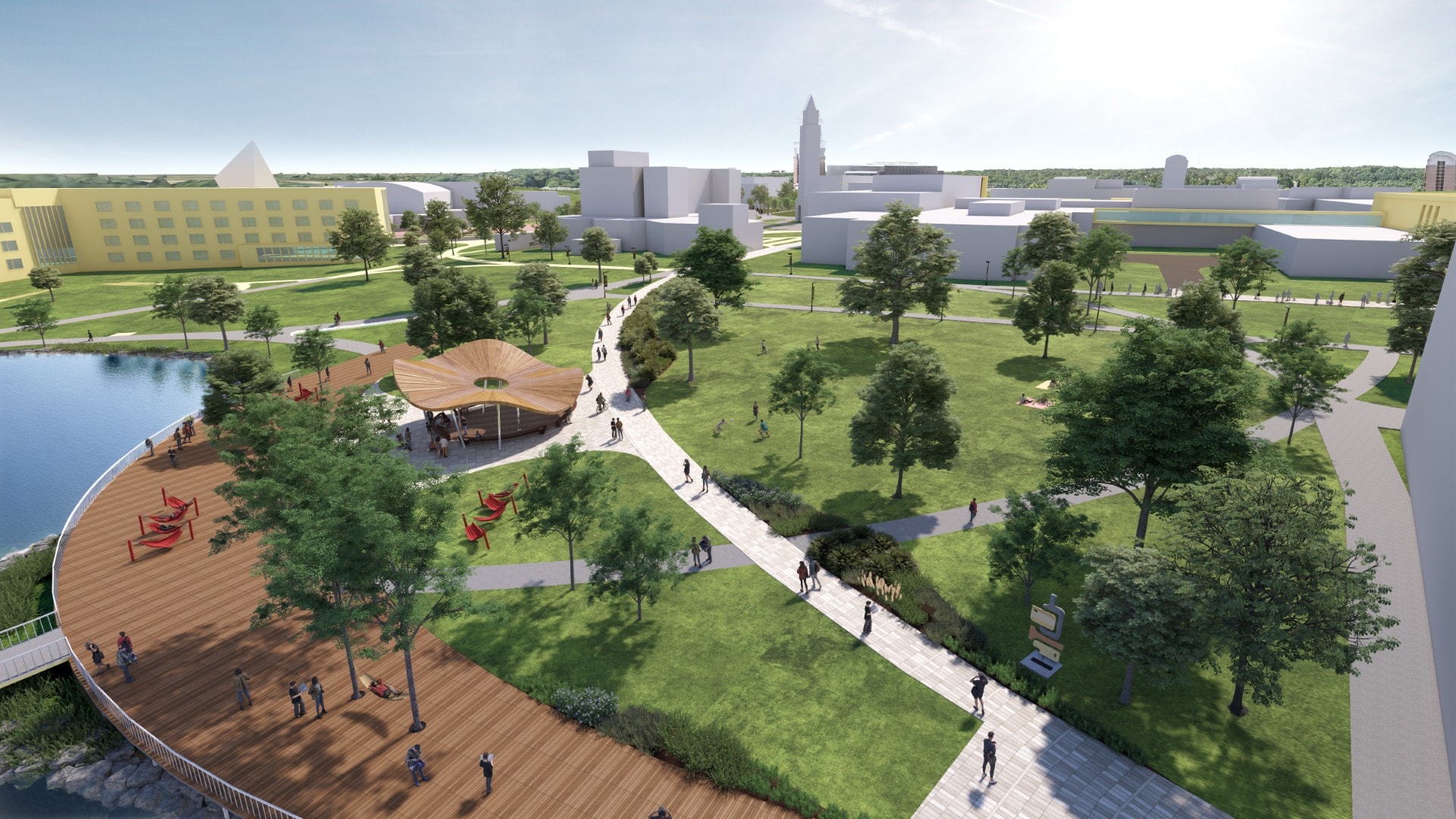 An artistic depiction of the new campus, highlighting innovative structures and outdoor environments.