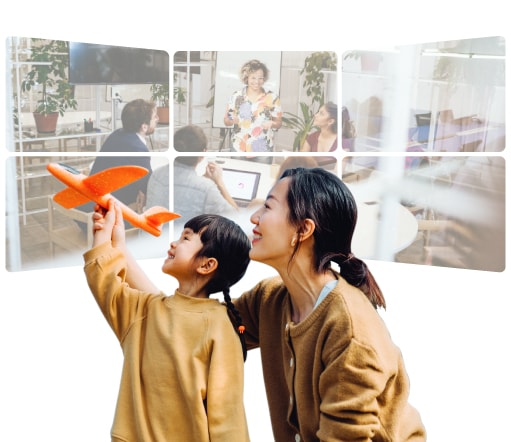 A woman and a child gaze up at a plane flying overhead, sharing a moment of wonder and excitement together.