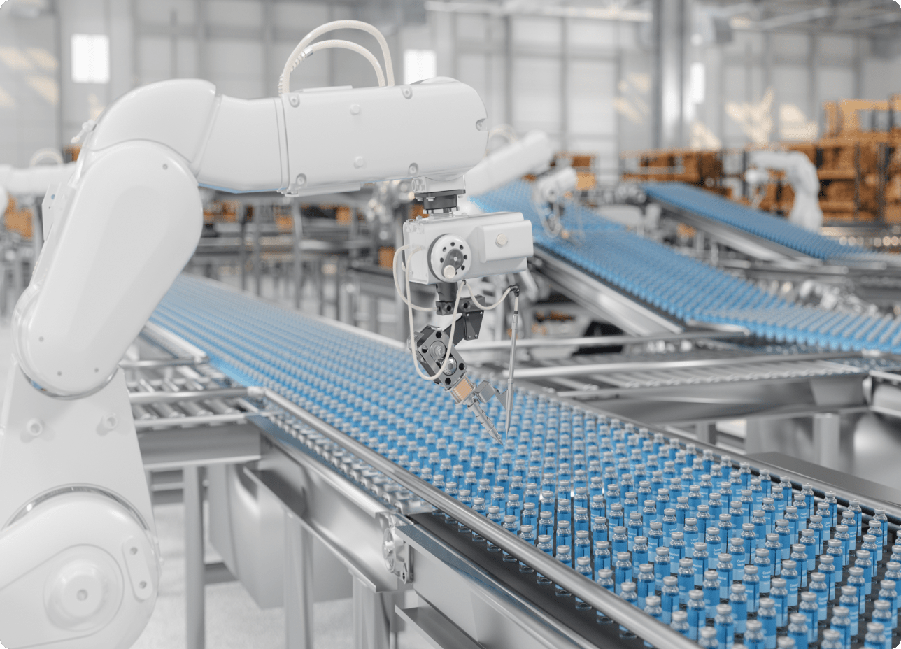 A robot efficiently assembling products on a conveyor belt within a modern factory setting.