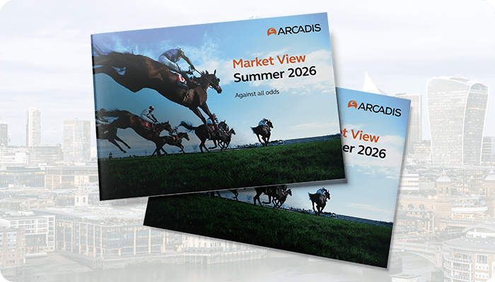 Two overlapping covers titled 'Market View Summer 2026' show a dynamic horse race scene. Background hints at a cityscape, suggesting movement and competition.