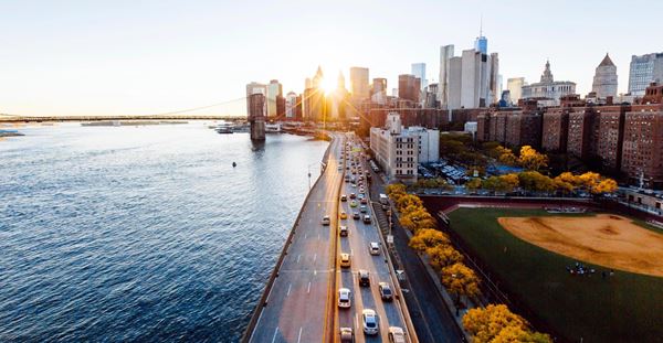 New York cityscape elevated view during sunset, New York State, USA