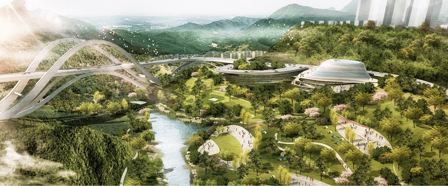 A sleek, futuristic bridge spans a river, nestled among majestic mountains, showcasing innovative design and natural beauty.