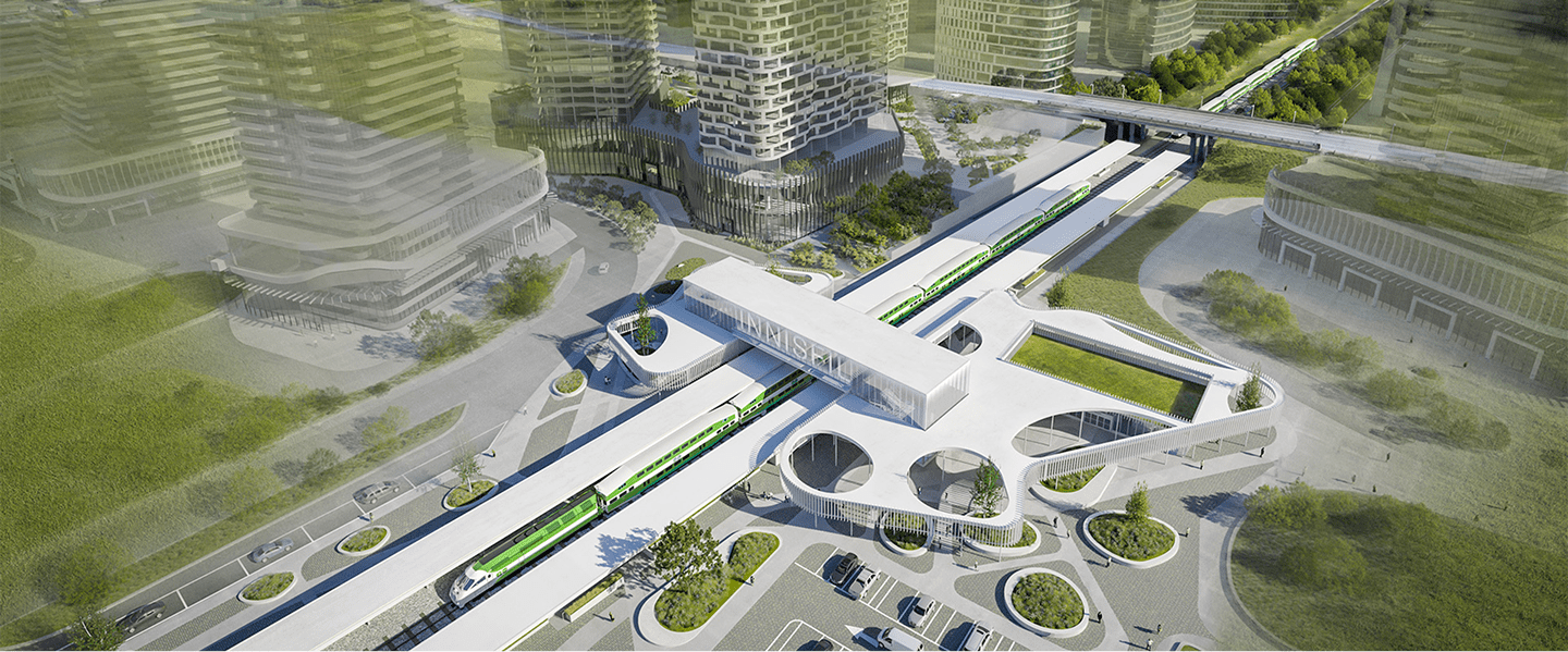 A futuristic cityscape featuring sleek buildings and a prominent train track weaving through the urban environment.