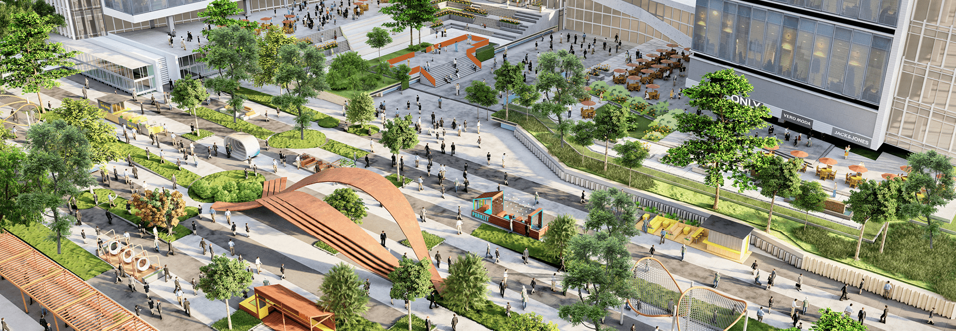 Aerial view of a bustling city filled with numerous people walking on streets and gathering in public spaces.