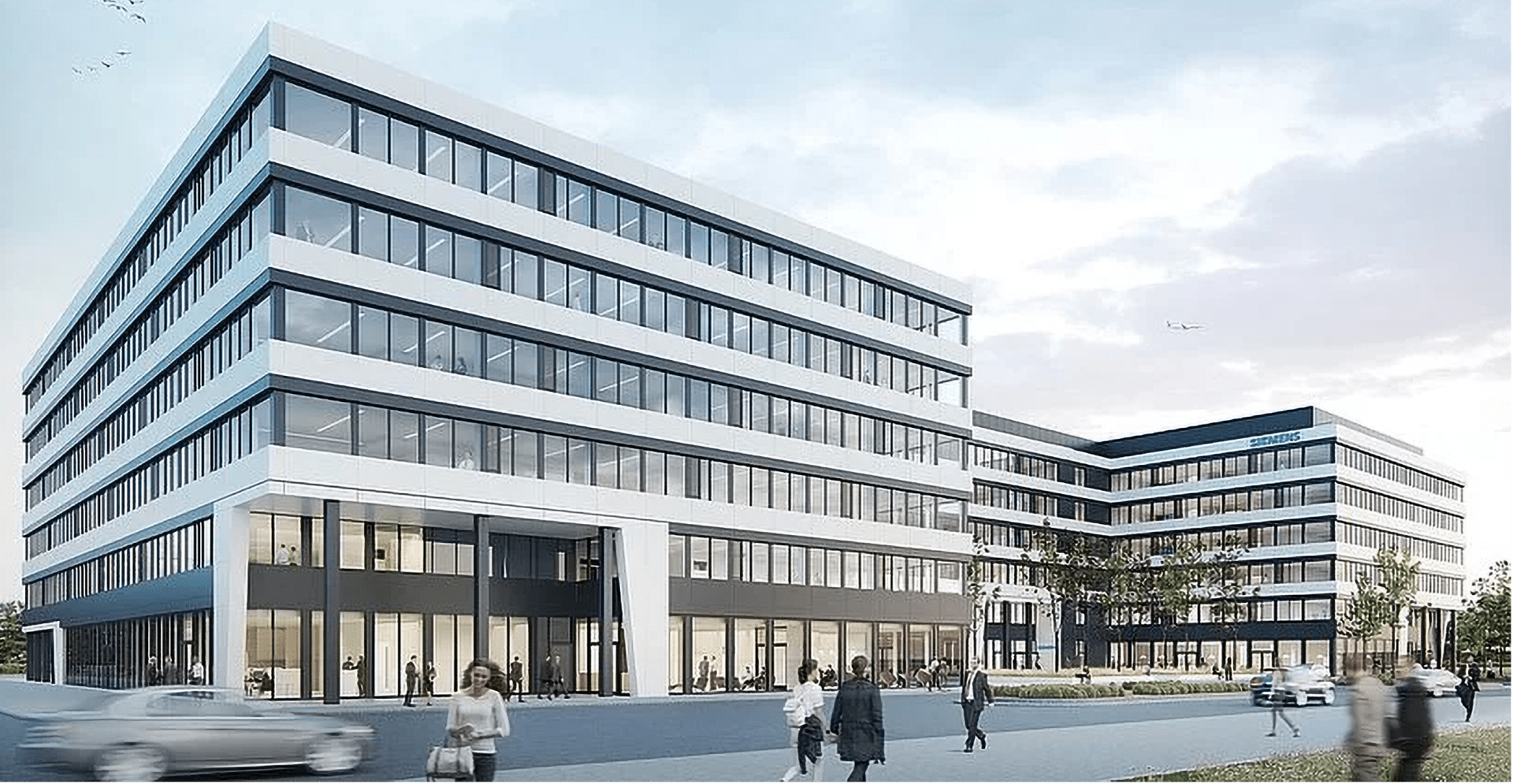 Architectural rendering of a modern office building with vehicles and people walking.