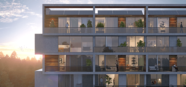 Arcadis De Baak: duurzaam en circulair woongebouw voor middenhuur visualisatie bovenste gevel met ondergaande zon op achtergrond