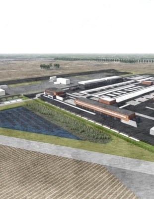 Hystock pilot voor de productie en opslag van groene waterstof Visualisatie luchtfoto van Hystock locatie Zuidwending