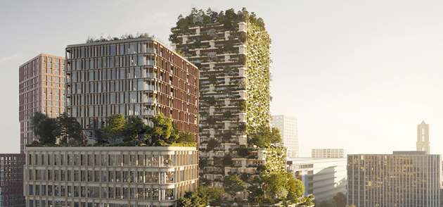 Utrecht Wonderwoods Visualisatie van nieuwe Woontoren in Utrecht met aan de gevels beplanting en zelfs bomen.