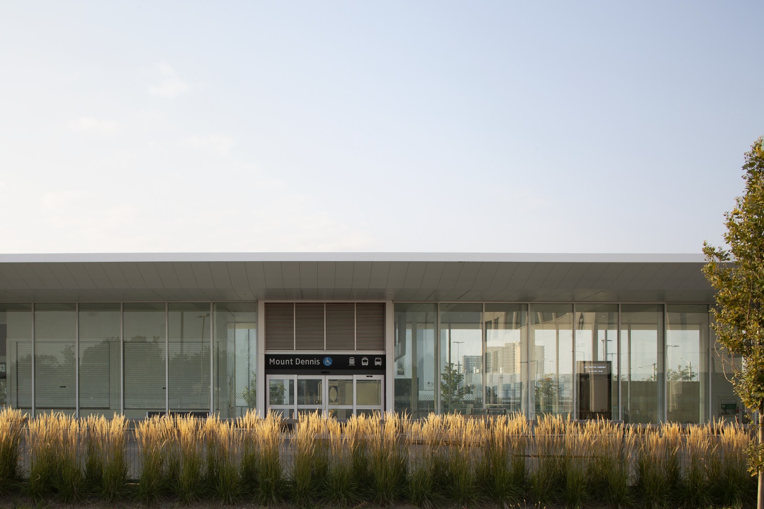 A building surrounded by tall grass, featuring a prominent sign in front.