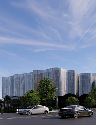 A visual representation of a building in the city, emphasizing its design and placement among other buildings.